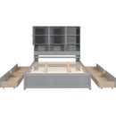 Queen Size Platform Bed with Storage Headboard and 4 Drawers, Gray