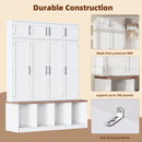 [Assembly Video Provided] Farmhouse Hall Tree with 4 Hidden Hanging Hooks, Versatile Walnut Seating Bench with 8 Doors, Entryway Shoe Cabinet with Open Compartments for Living Room, White