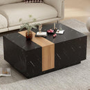 Modern 35.4 x 23.6 Inch Two-tone Coffee Table with Faux Marble and Walnut Wood Grain Finish, Rectangular Center Table with 2 Storage Drawers, Practical Cocktail Table for Living Room, Black