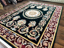 Aubusson Rug 9x12, Dark Green, European Design, Vintage Fine Handmade Carpet, Elegant