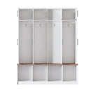 [Assembly Video Provided] Farmhouse Hall Tree with 4 Hidden Hanging Hooks, Versatile Walnut Seating Bench with 8 Doors, Entryway Shoe Cabinet with Open Compartments for Living Room, White
