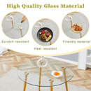 A modern minimalist style round transparent tempered glass table with gold metal legs, paired with 4 modern PU leather high-back dining chairs, bring a luxurious experience.