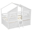 Full Size House Loft Bed with Roof, Windows,4 Storage Drawers,Pine Wooden Bed with Safety Guardrails,Ladder,White