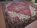 Wonderful Persian Heriz Rug 8.6 x 11, Geometric Heriz Carpet, Semi Antique Decorative Area Rug, Red Ivory Dark Blue Handmade Wool Room Sized
