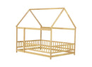 Full Size House Floor Wooden Bed with Roof Frame, Safety Guardrails,Natural
