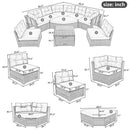 Elegant Patio Furniture Set Outdoor Daybed Rattan Sectional with Cushions and Center Table, Grey, Iron + Rattan