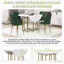 TOPMAX Space-Saving 5-Piece Extendable Kitchen Dining Table Set for Small Spaces - Round Faux Marble Top with Golden Frame, 4 Upholstered Chairs, Compact Foldable Design,White+Green
