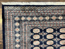 Pakistani Bokhara Rug 8x10, Turkoman Carpet, Dark Blue and Beige, Vintage Handmade Wool Carpet