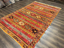 Unique Moroccan Rug 7x10, Room Sized Carpet, Red Orange Gray, Wool Oriental Striped Geometric Tribal Boho Rug, Flatweave with Raised Pile