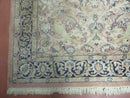 Indian Silk Rug 4x6, Indian Kashmiri Silk Carpet 4 x 6 ft, Vintage Hand Knotted Floral Bird Motifs, Light Pink and Navy Blue, Silk on Cotton