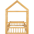 Wooden Floor Bed with Fence Railings and Detachable House Shape Headboard, Twin Size Bed with Kids Dress Up Rack, Kids Montessori Style Playhouse Frame for Girls Boys, Natural