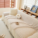 Grid Textured Sofa Cover with Sheer Ruffle Skirt, Pet-Friendly Sofa Throw Slipcover