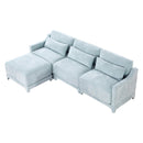 Sky Blue Three-Seater Chenille Sofa with Movable Ottomans, High-Resilience Sponge, Easy Install