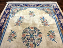 Chinese Wool Rug 8x11, Peking Asian Oriental Carpet, Cream/Ivory and Blue, Vintage Handmade Rug, Art Deco Rug