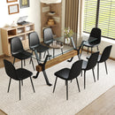 Table and chair set.79'x31.5' with X-shaped Black Metal Table Legs,Wood Grain Textured MDF Crossbeam.Paired With 8 Modern Mid-Century Style Upholstered Side Black PU Chairs.