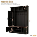 ON-TREND Versatile 3-in-1 Hall Tree with 6 Hooks, Farmhouse Walnut Storage Bench with Adjustable Shelves, 55'W Modern Entryway Coat Rack with Multiple Storage Space for Mudroom, Living Room, Black