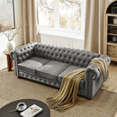 Chesterfield Sofa Tufted  Upholstered PU 3-Seater Sofa Scrolled Arms with Nailhead Decoration, DGY (88.5''x37''x28'')