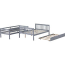 Twin Over Full Rubber Wood Bunk Bed with Trundle, Convertible Ladder and Guardrail, Detachable, Convertible Bed, with Twin Size Trundle  ,Grey