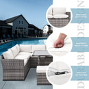 Walker Edison - Outdoor Patio Furniture Set,7 Pieces Outdoor Sectional Conversation Sofa with Dining Table,Chairs and Ottomans,All Weather PE Rattan and Steel Frame,With Backrest and Removable Cushions(Grey+Beige)