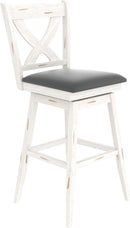 29 Inch Swivel Bar Stool With Grey Faux Leather Upholstery Antique White Wood Frame And Solid Wood Footrest Set Of 2