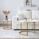 Set 2 Coffee Table Nesting White and gray top  Golden Frame Circular Round and Marble Pattern Wooden Tables, Living Room Bedroom Apartment Modern Industrial Simple Nightstand
