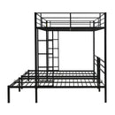 Modern Metal Triple Bunk Bed with Vertical Ladder, Safety Rail, and Storage Shelf in Black