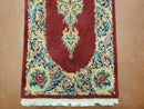 Small Persian Kirman Rug 2x4, Wool Oriental Vintage Handmade Carpet, Hand Knotted Floral Medallion, Red & Beige, Semi Open Field
