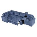 L-shaped Convertible Sofa Bed with Pull-Out Bed, Cup Holders, and Storage Space, Blue Chenille, 120.5'