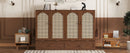 Queen Size Murphy Bed, Pine Wood Cabinet Bed with Power Station and Rattan Decoration Panel,Walnut