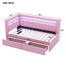 Upholstered Twin Size Platform Bed with USB Ports and LED Belt, With 2 Drawers, Pink