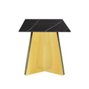 Table and chair set.63'x31.5x30'Black Texture With Lines Patterned Sintered Stone Table with Golden Stainless Steel Butterfly Legs.Paried With 4 Black High-quality PU Chairs With Golden Metal Legs.