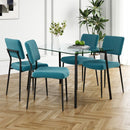 Modern simple table with a glass square table and four chairs.  Transparent tempered glass countertop, black metal legs, suitable for kitchen living room dining room (set of 5)