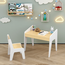 Kids Table Set with One Chair, Wooden Children Study Table, 2-8  Age Kids Funiture , White+Natural