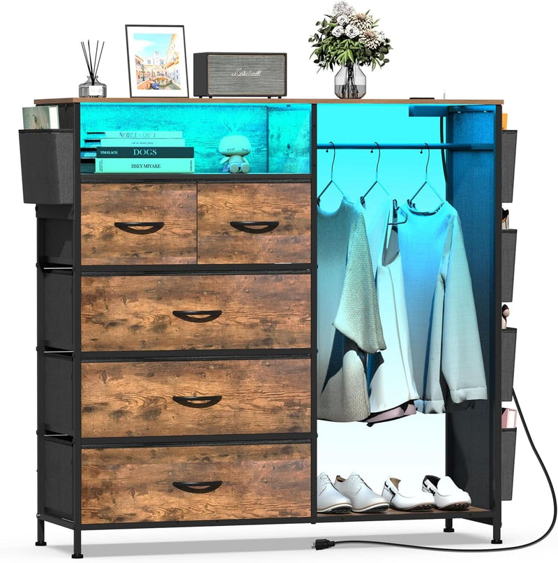 Matte Black Dresser With LED Charging Station For Bedroom