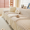 Grid Textured Sofa Cover with Sheer Ruffle Skirt, Pet-Friendly Sofa Throw Slipcover