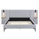 Chic Linen Upholstered Bed with Integrated Lights and Shelves, Grey, Queen