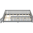 Full Size Bed Floor Bed with Safety Guardrails and Door for Kids, Gray