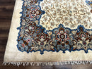 Persian Kashan Rug 9 x 12.6, Ivory and Blue, Floral Medallion, Wool Hand Knotted Semi Antique Carpet