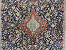 Indo Persian Rug 8x10, Floral Medallion, Vintage Handmade Wool Carpet, Navy Blue and Red, Fine 300 KPSI