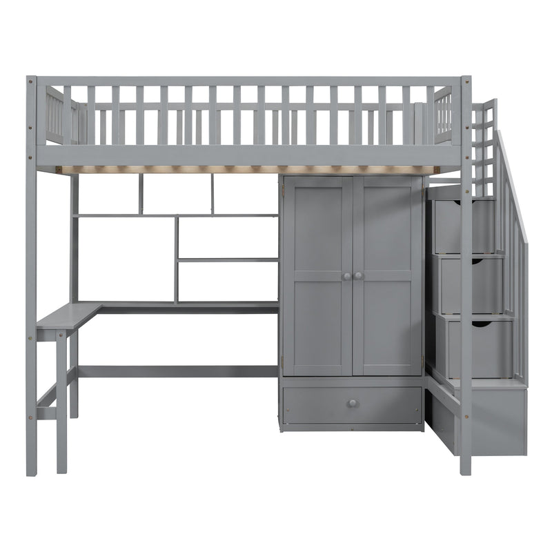 Full size Loft Bed with Bookshelf,Drawers,Desk,and Wardrobe-Gray