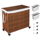 Laundry Hamper With Lid PE Rattan Powder Coating Frame Clothes Hampers with 02 Removable Bags, Wheels, 160L, Brown Color