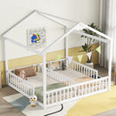 Double Twin House-Style Floor Bed with Fence, Guardrails, without door, White(Old Sku:W504P143317)