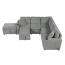 Multi-Functional Sectional Sofa Convertible Pull-out Bed with Storage Ottoman, USB Ports, Cup Holders, Chenille, Gray, 84.7'