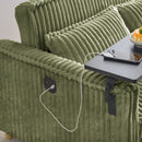 The pull-out and push-in green corduroy sofa with dual functions, equipped with a movable tabletop and USB ports, is suitable for use in living rooms and bedrooms.