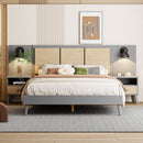 Queen Size Solid Wood Bed Frame with 2 Nightstands, Elegant Design with Lamps, Rattan and Wood Combination,Gray