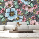 Contemporary Blue and Pink Flowers Wallpaper Chic