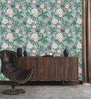 Gentle Hand Drawn Flowers on Green Background Wallpaper