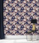 Fashionable Dark Blue Wallpaper with Pink Flowers Tasteful