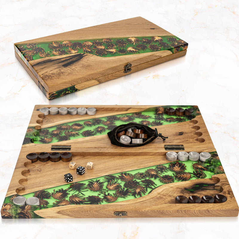 Handmade backgammon made of natural wood and epoxy resin