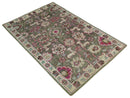 Antique Moss Green 5x8 Hand Knotted Beige and Pink Bamboo Silk Area Rug